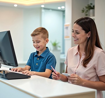 Young boy and his mother at the computer in the dentist’s office