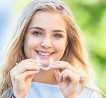 a teen smiling and holding an Invisalign aligner