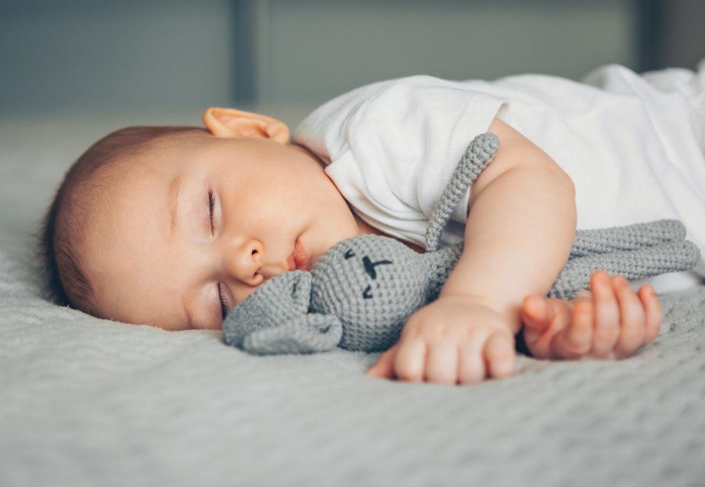 Closeup of baby sleeping with stuffed animal
